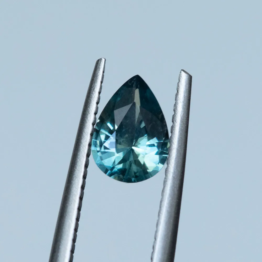 0.85CT PEAR MADAGASCAR SAPPHIRE, LIGHT TEAL BLUE, 7.56X5.43X3.21, UNHEATED