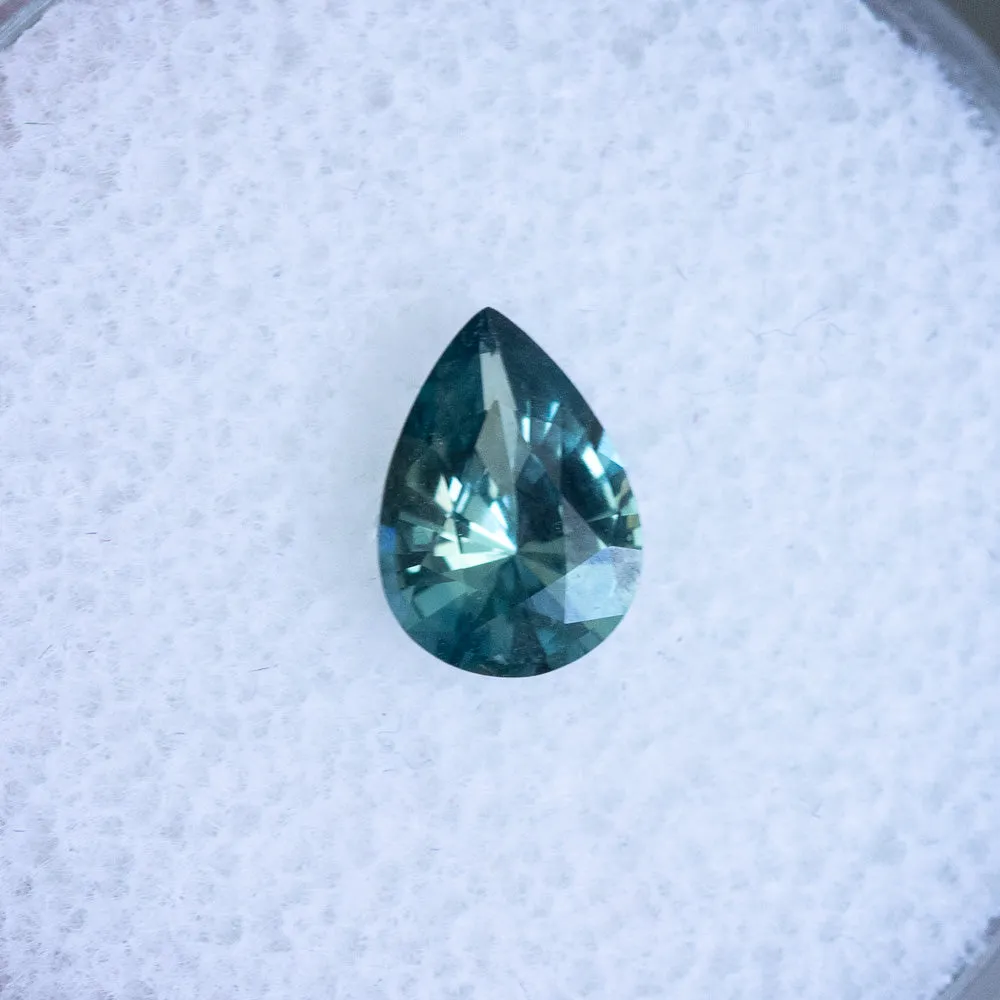 0.85CT PEAR MADAGASCAR SAPPHIRE, LIGHT TEAL BLUE, 7.56X5.43X3.21, UNHEATED