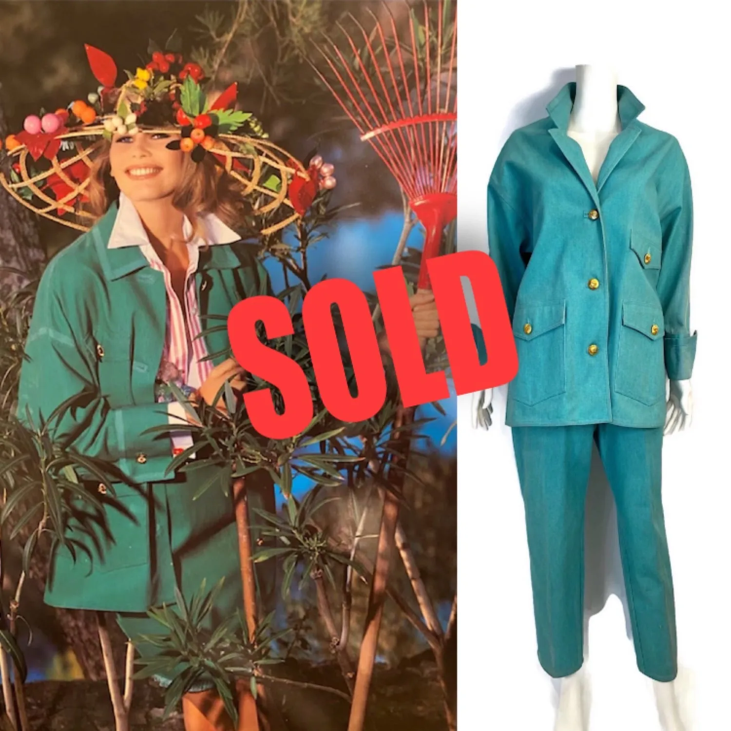 92P, 1992 Spring Chanel Green Denim 2 piece Jacket Pant Suit Oversized FR 34 US 4/6/8