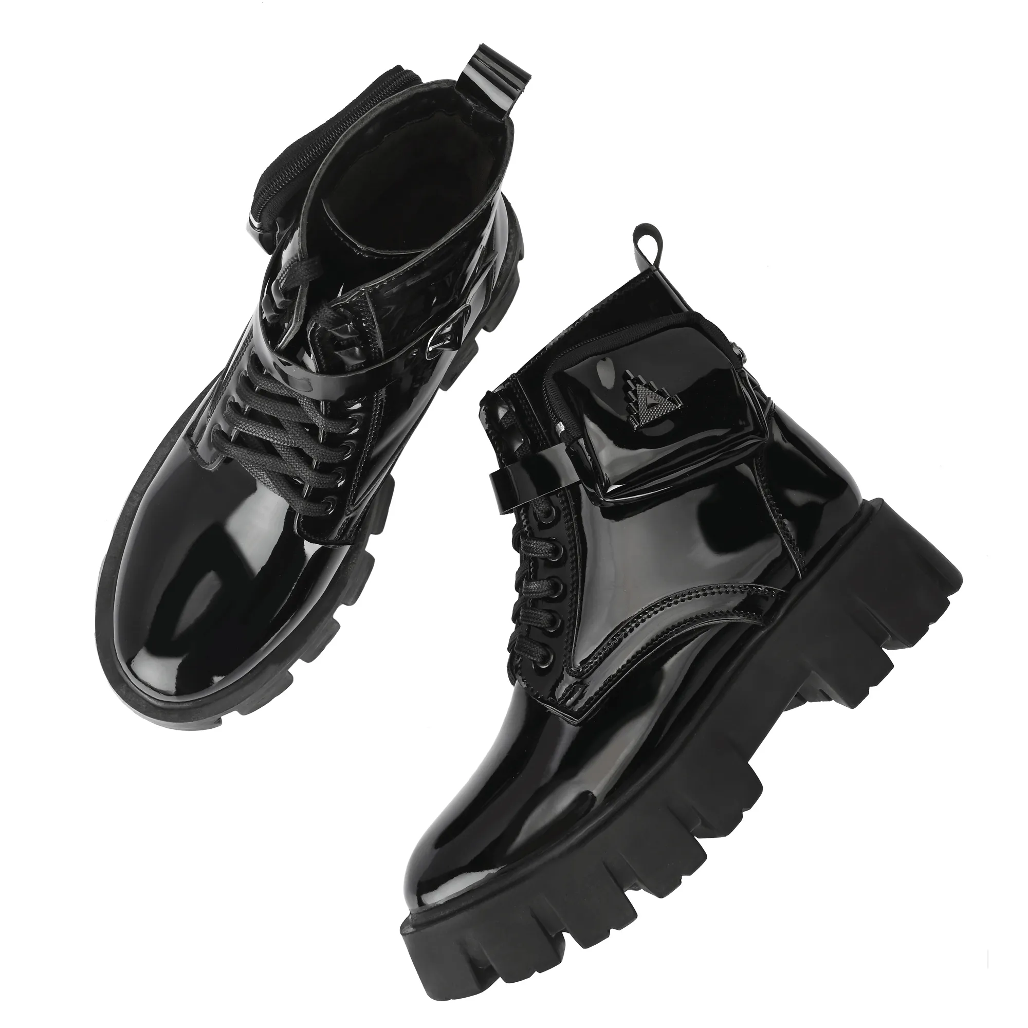 Attitudist Unisex Glossy Black Stylish Side Pocket High Heel Ankle Boots