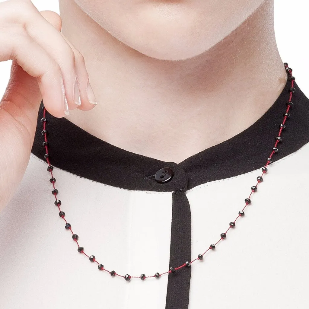 Black Spinel Diamond Polish Rosary Style Short Necklace with Dark Red Thread