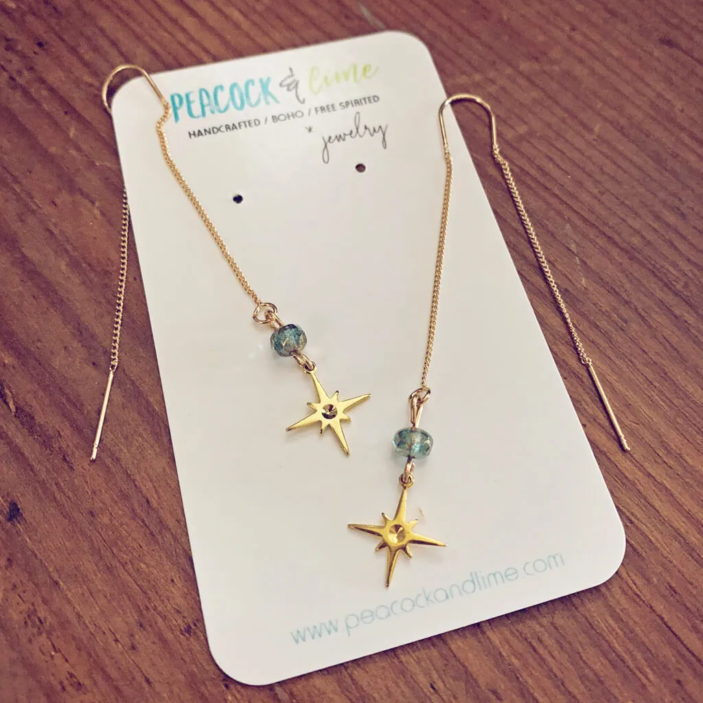 bright twilight star // brass threader earrings with czech glass bead & brass star