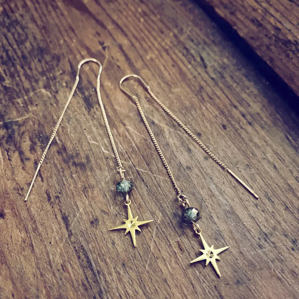 bright twilight star // brass threader earrings with czech glass bead & brass star