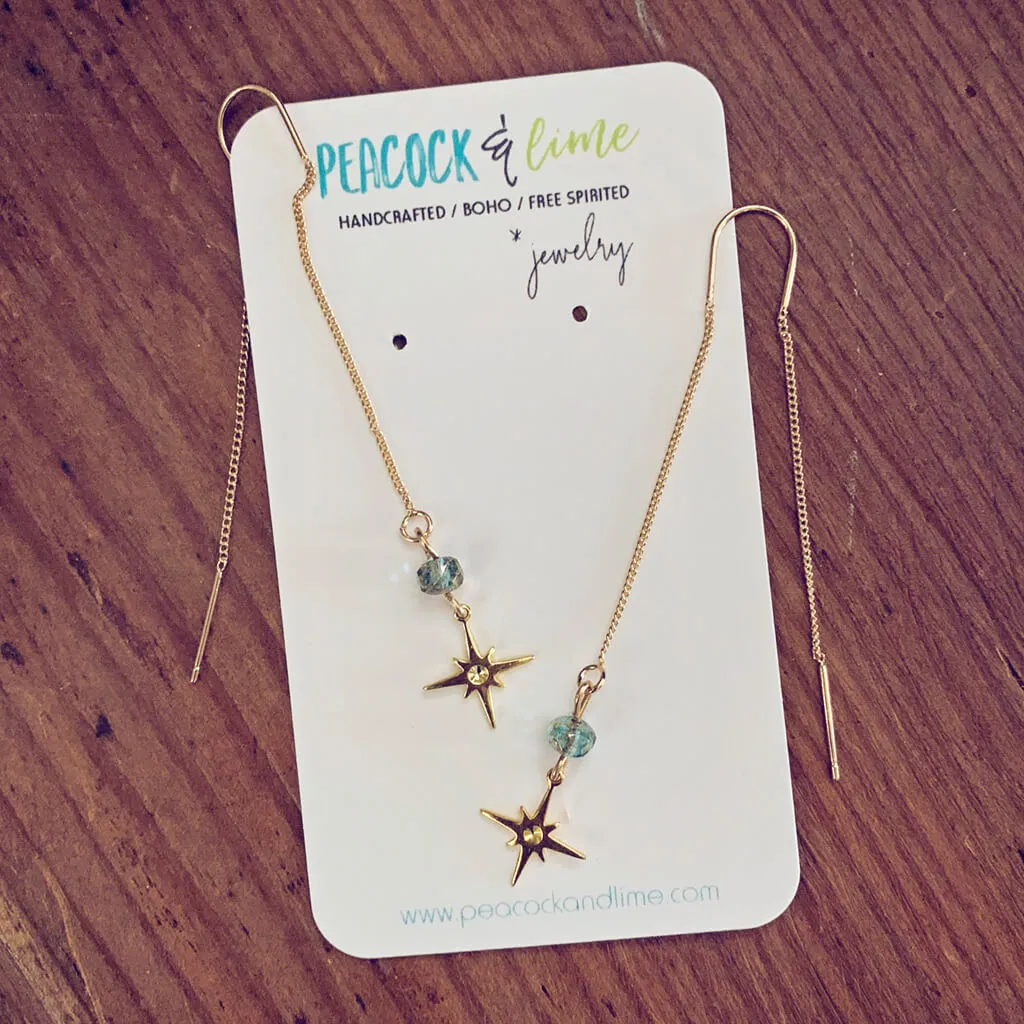 bright twilight star // brass threader earrings with czech glass bead & brass star