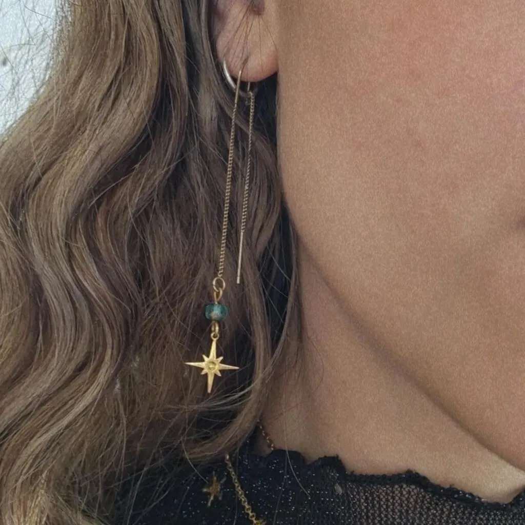 bright twilight star // brass threader earrings with czech glass bead & brass star