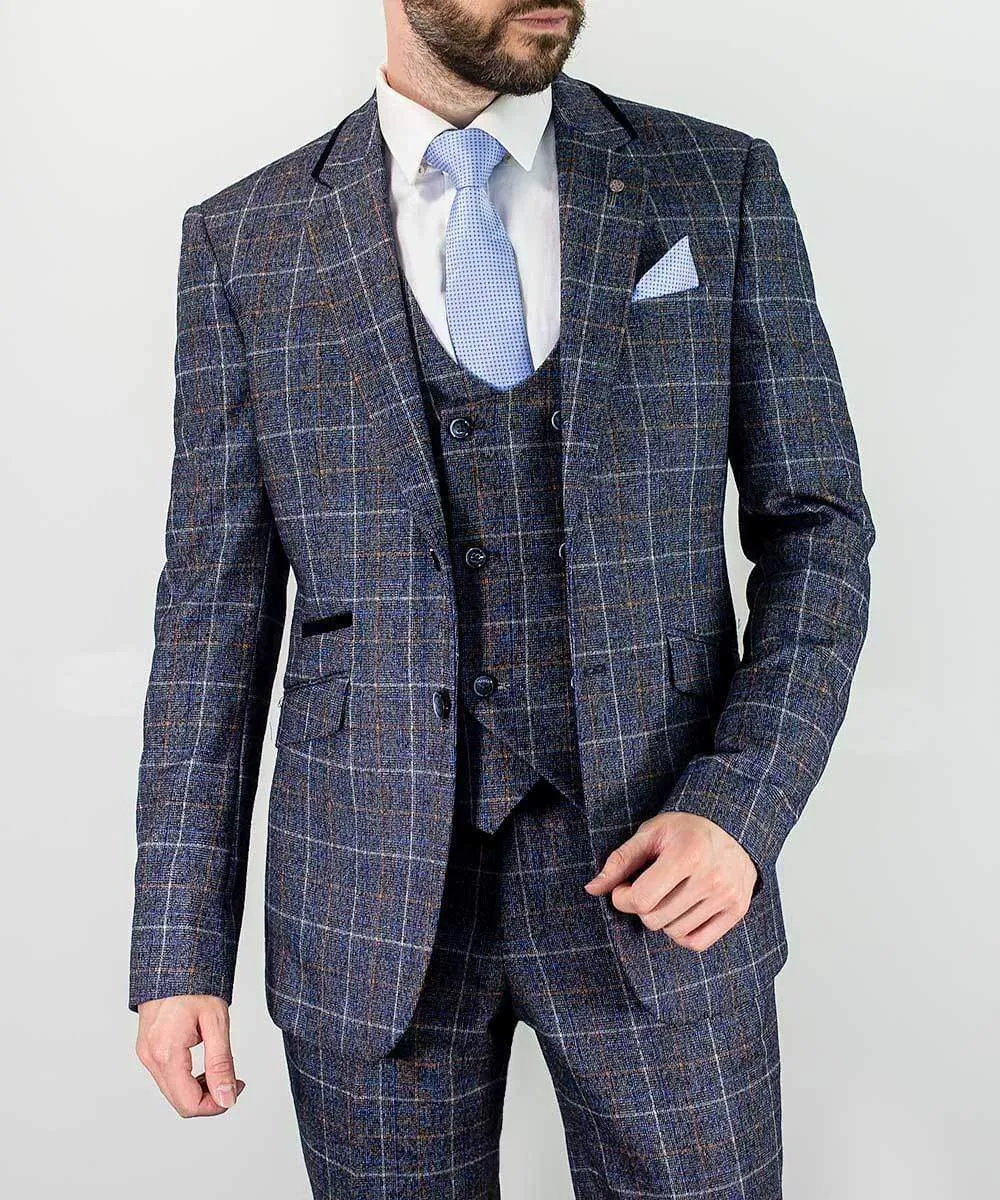 Cavani Bonita 3 Piece Blue Slim Fit Tweed Suit