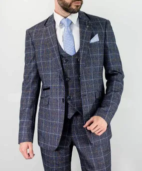 Cavani Bonita 3 Piece Blue Slim Fit Tweed Suit