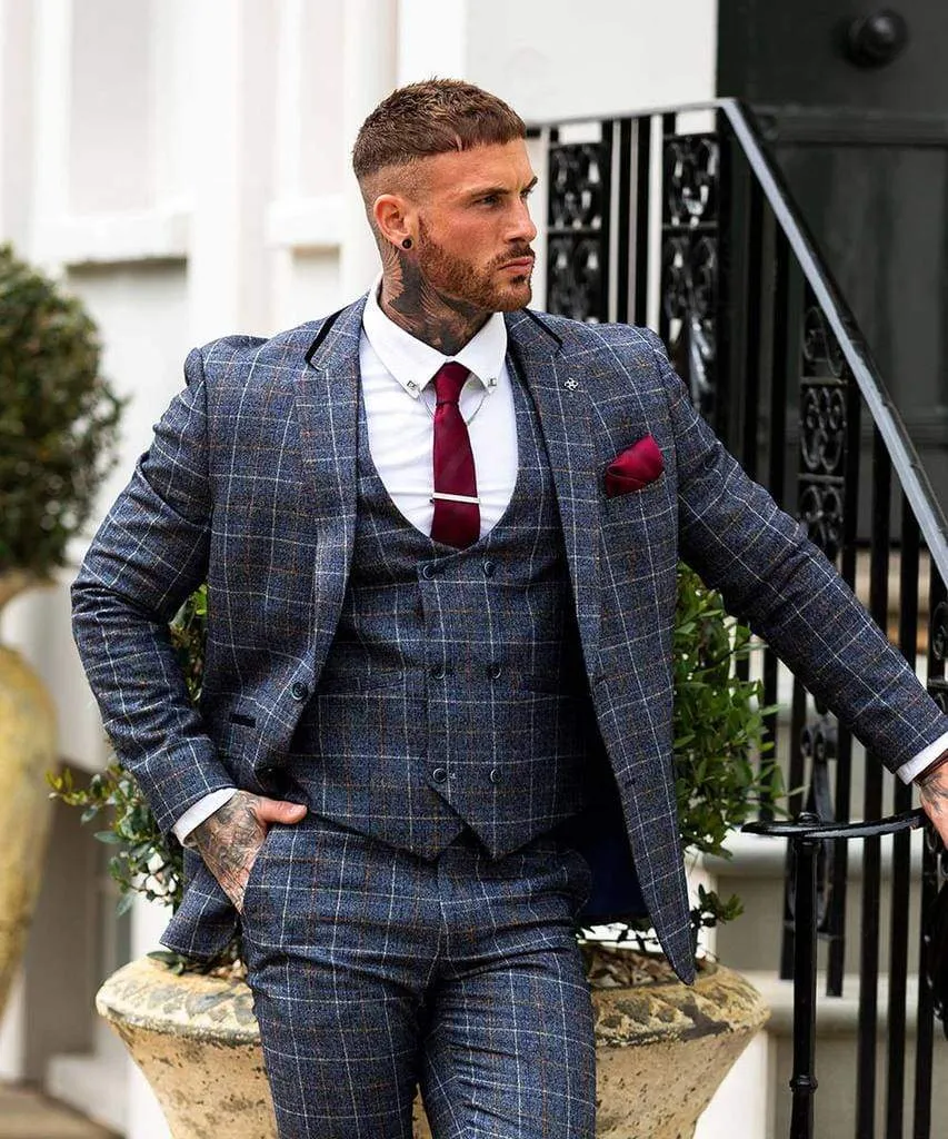 Cavani Bonita 3 Piece Blue Slim Fit Tweed Suit