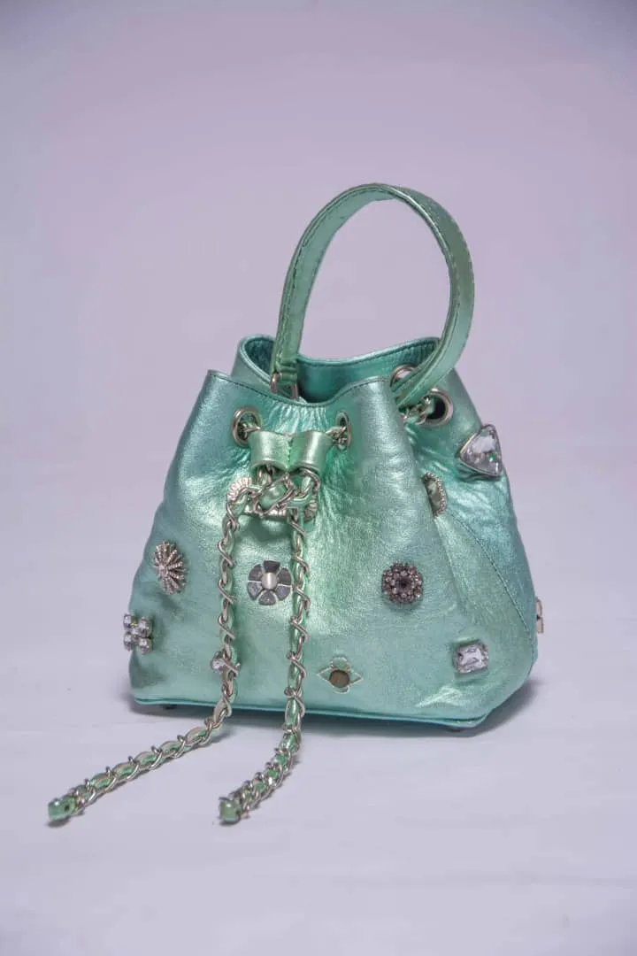 DOT Embellished Green Leather Bucket Bag