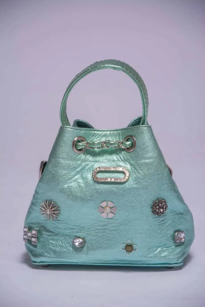 DOT Embellished Green Leather Bucket Bag