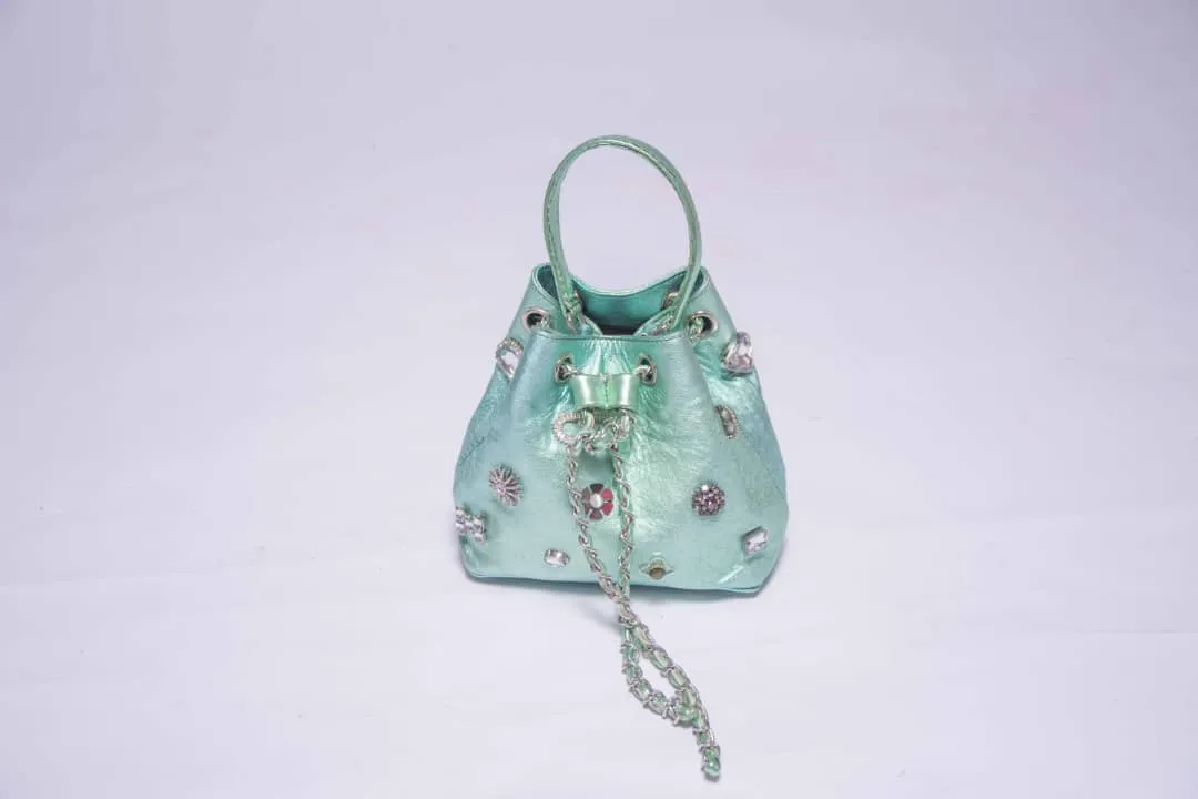 DOT Embellished Green Leather Bucket Bag