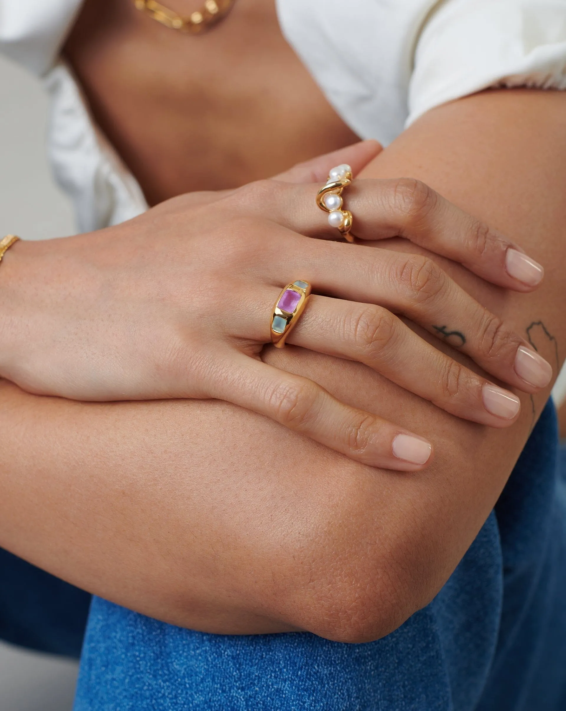 Good Vibes Triple Gemstone Statement Ring | 18ct Gold Plated/Purple Quartz & Aqua Chalcedony