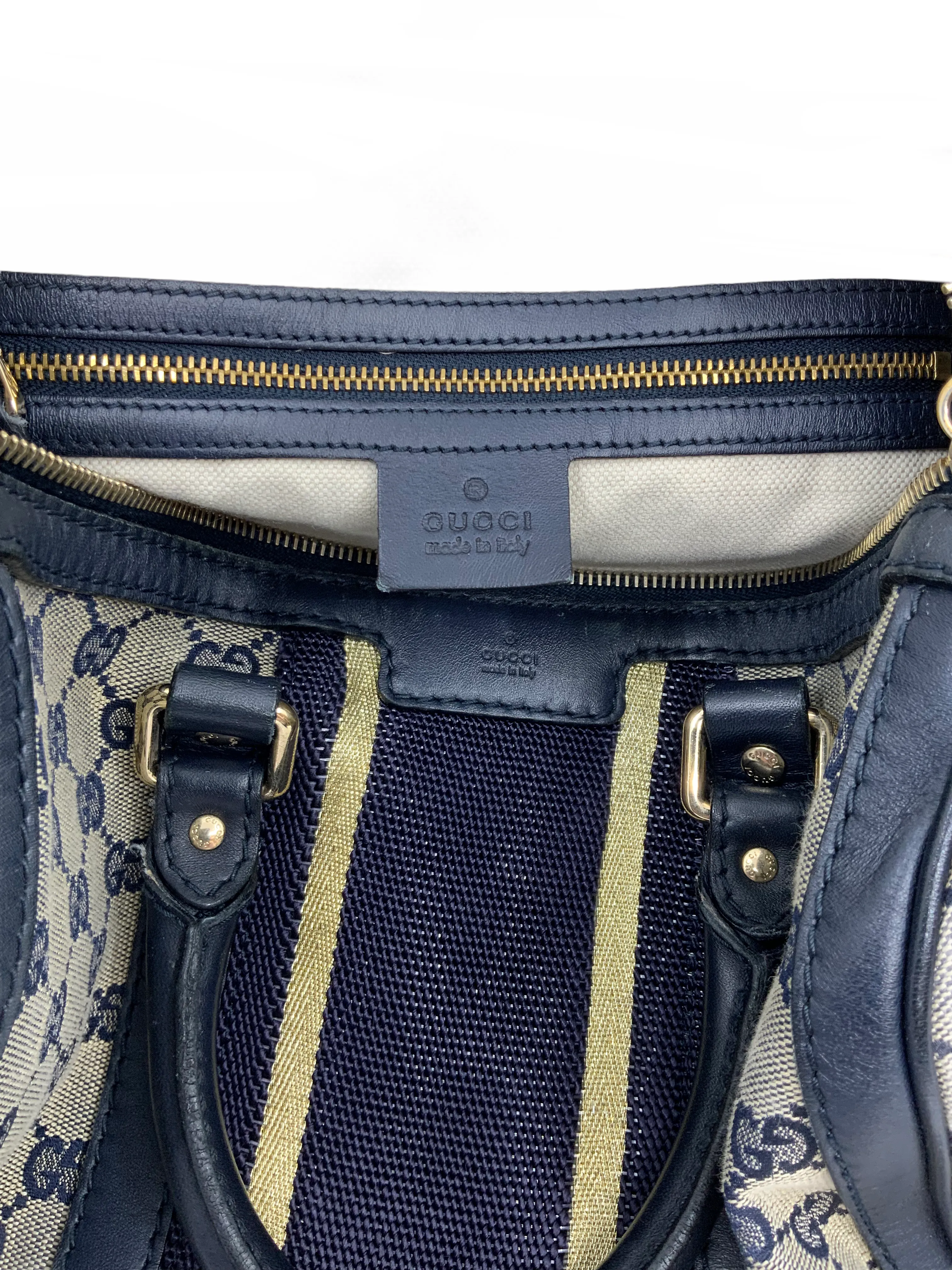 Gucci Monogram Canvas Web Boston Bag with Shoulder Strap