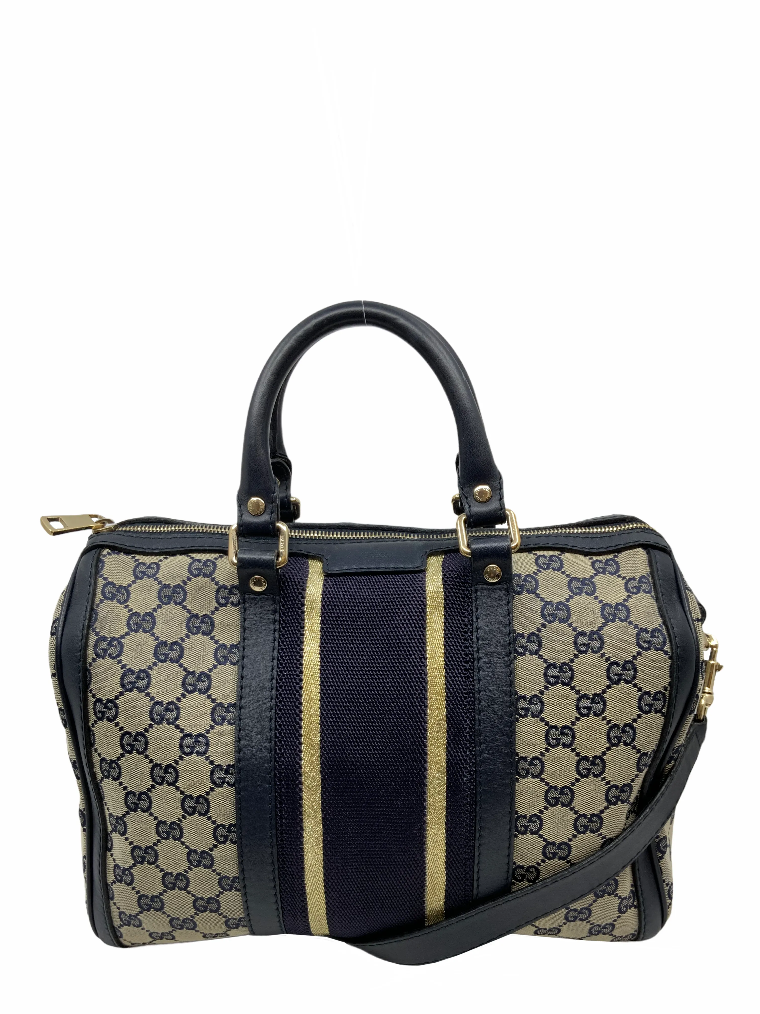 Gucci Monogram Canvas Web Boston Bag with Shoulder Strap