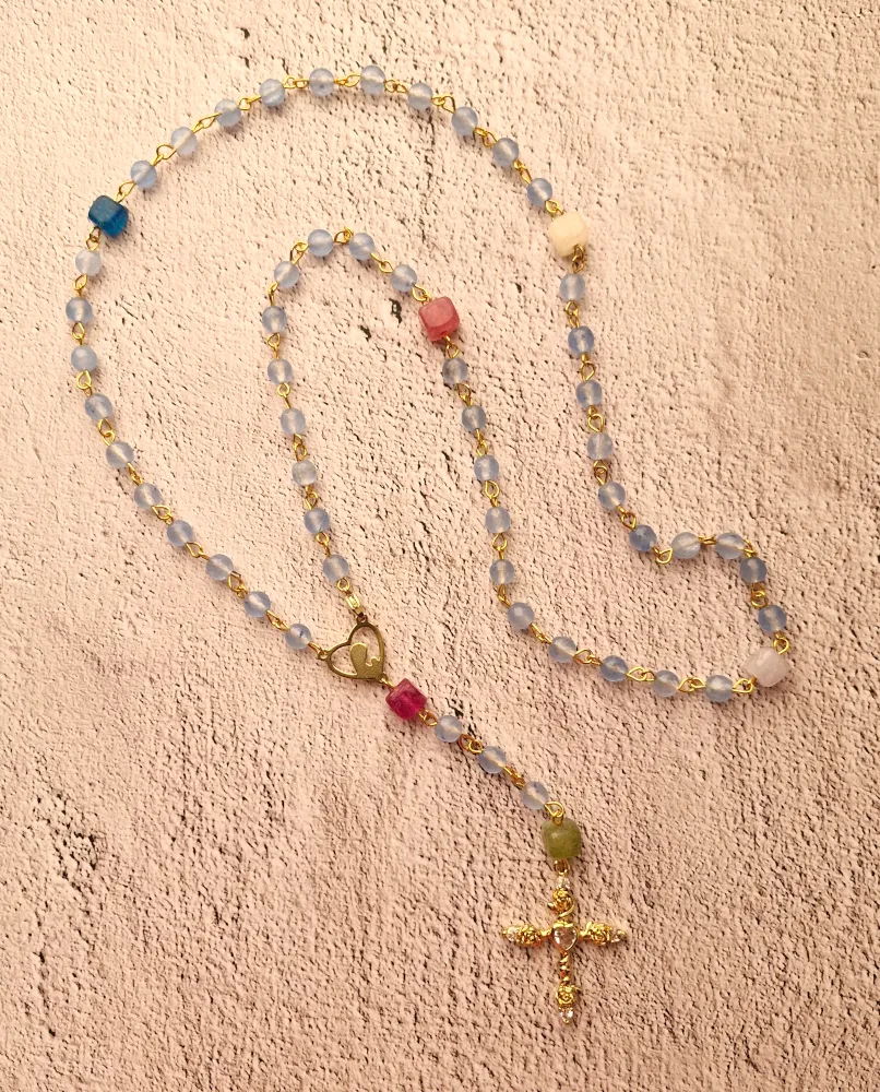 Light Blue Quartz Rosary with Cubic Zirconia Metal Cross Necklace