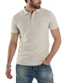 Polo Uomo Manica Corta T-shirt Con Colletto Bottoncini Basic Slim Fit Casual Tinta Unita Beige GIOSAL-TS3048A