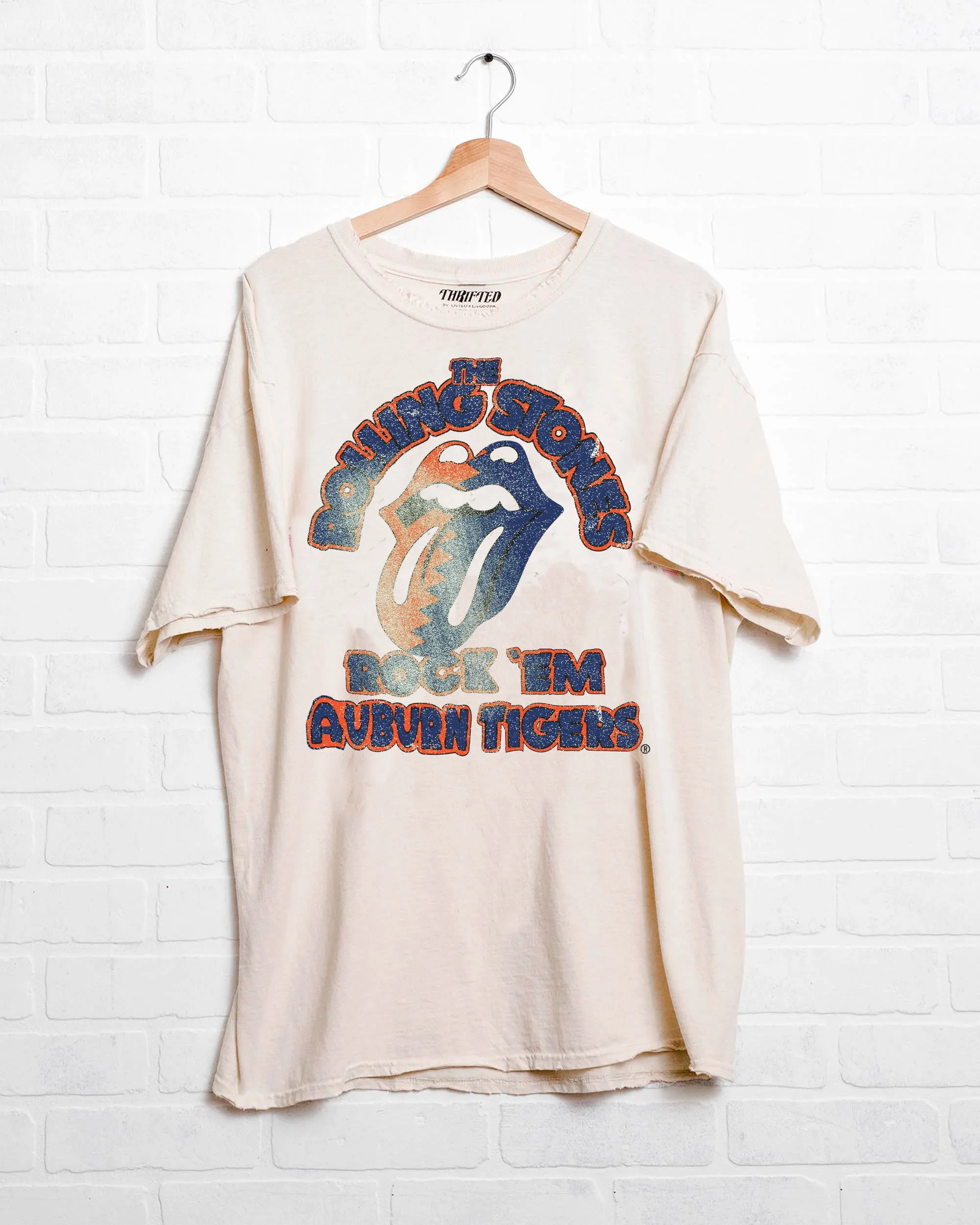 Rolling Stones Rock 'Em Auburn Tigers Off White Thrifted Tee