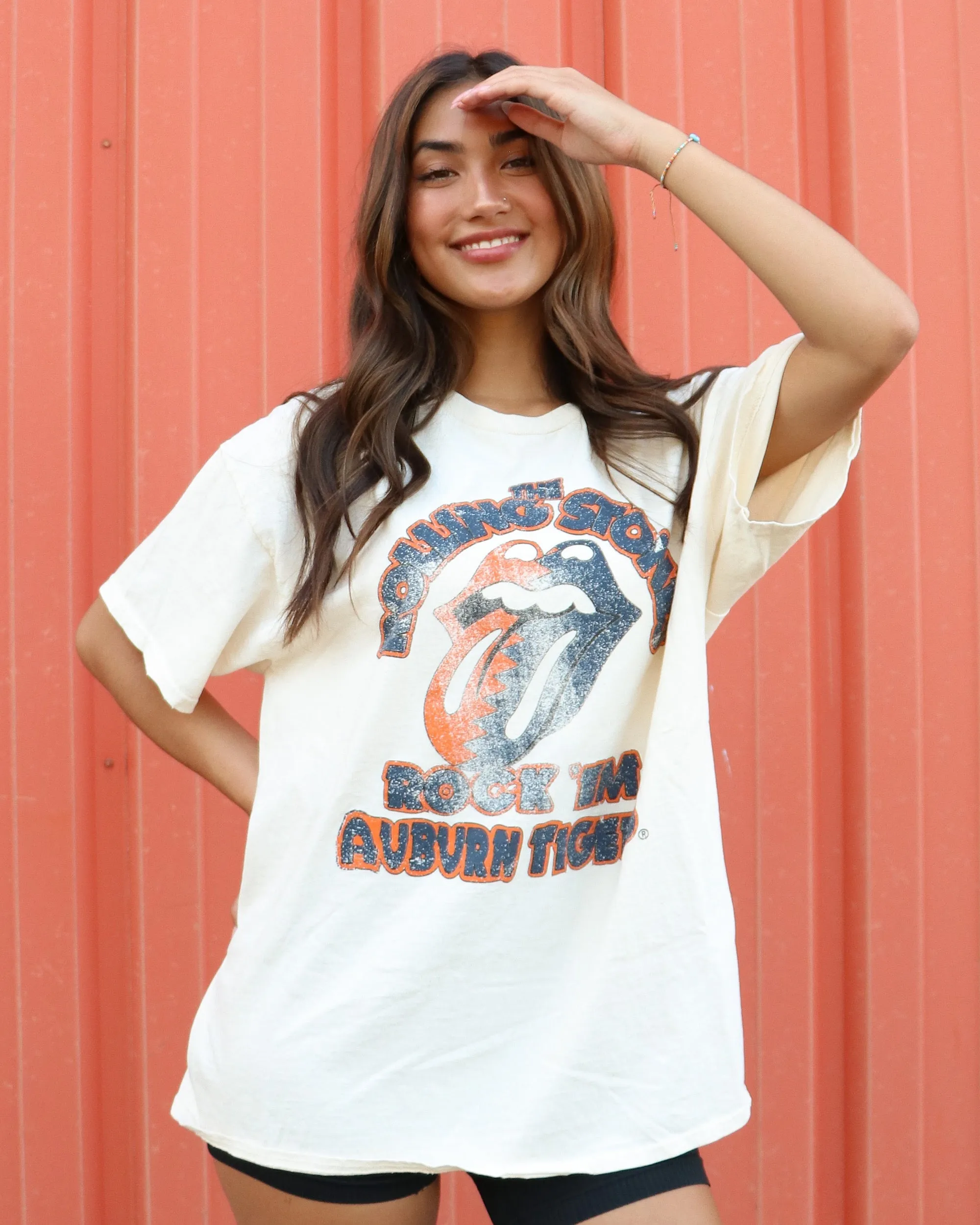 Rolling Stones Rock 'Em Auburn Tigers Off White Thrifted Tee