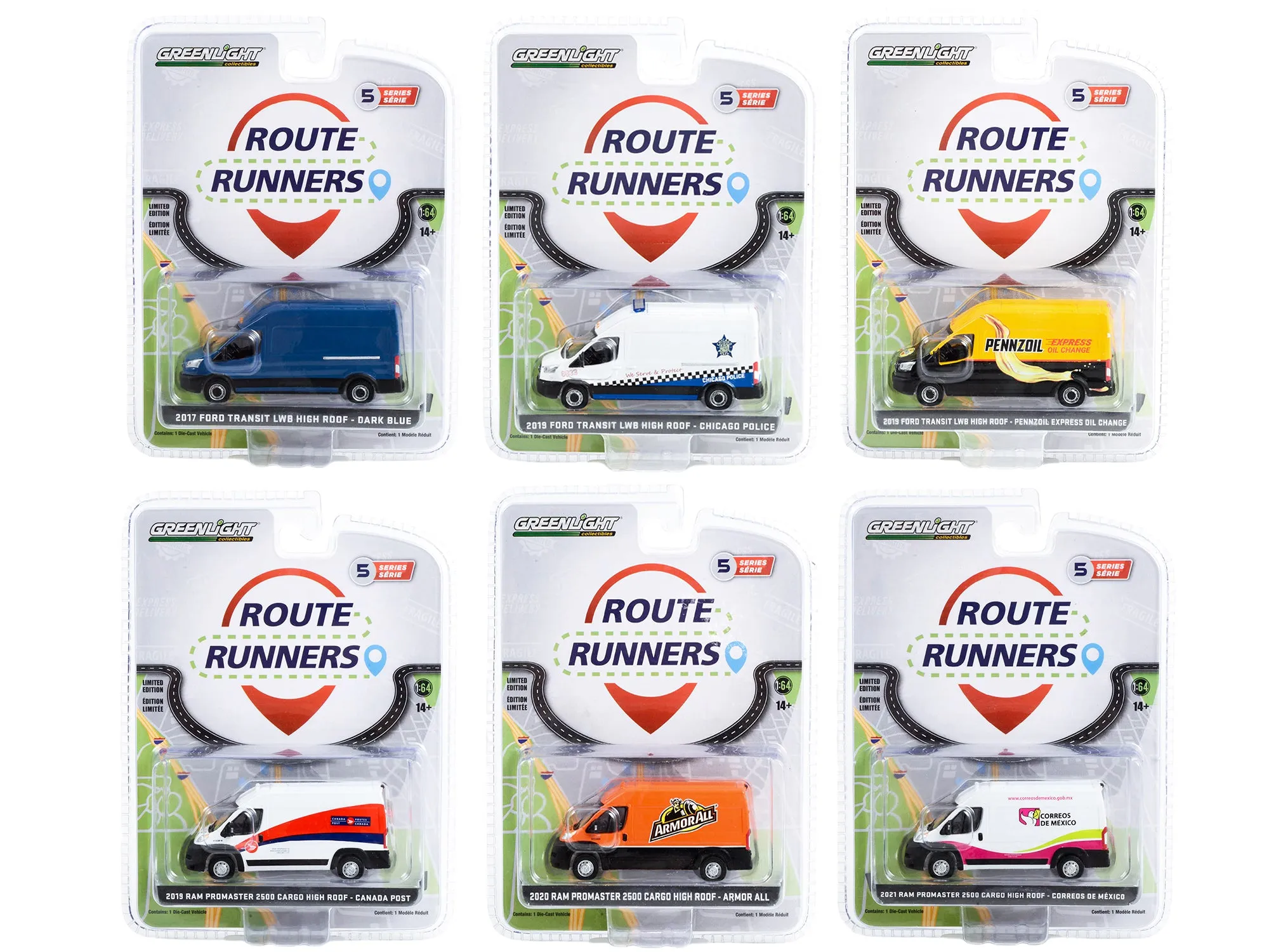 Route Runners Set of 6 Vans Series 5 1/64 Diecast Model Cars by Greenlight