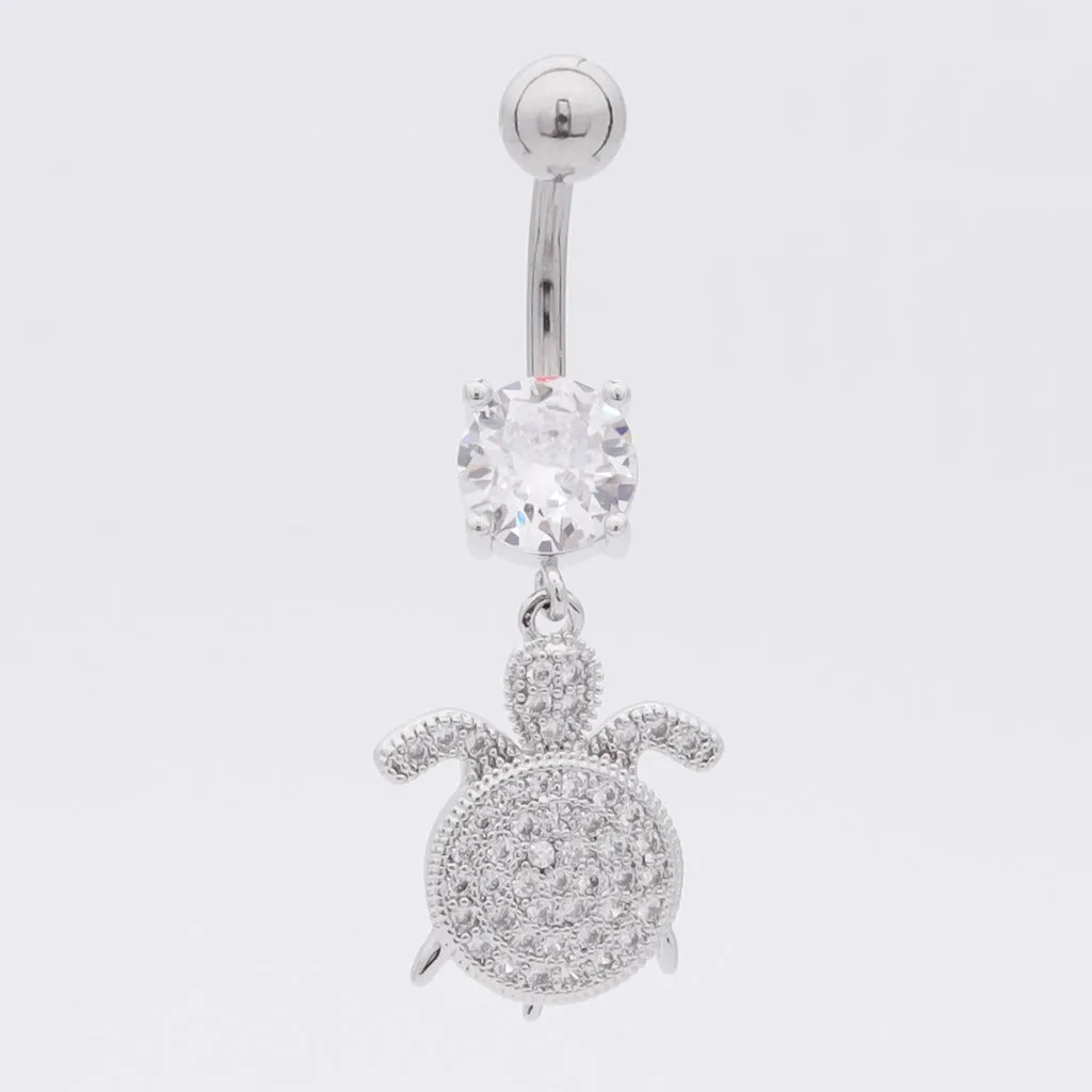 Sea Turtle Dangle Belly Button Navel Ring - Silver