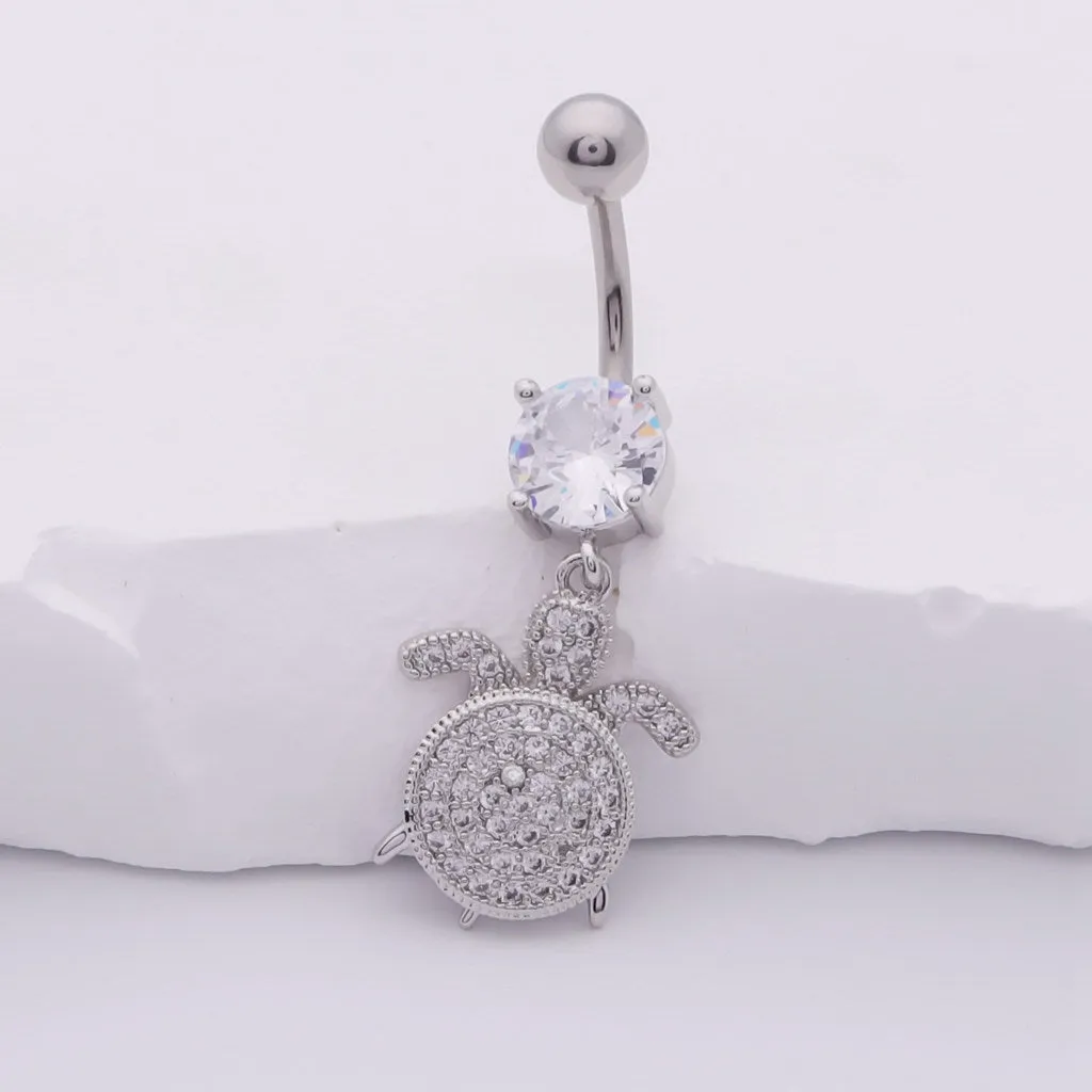 Sea Turtle Dangle Belly Button Navel Ring - Silver