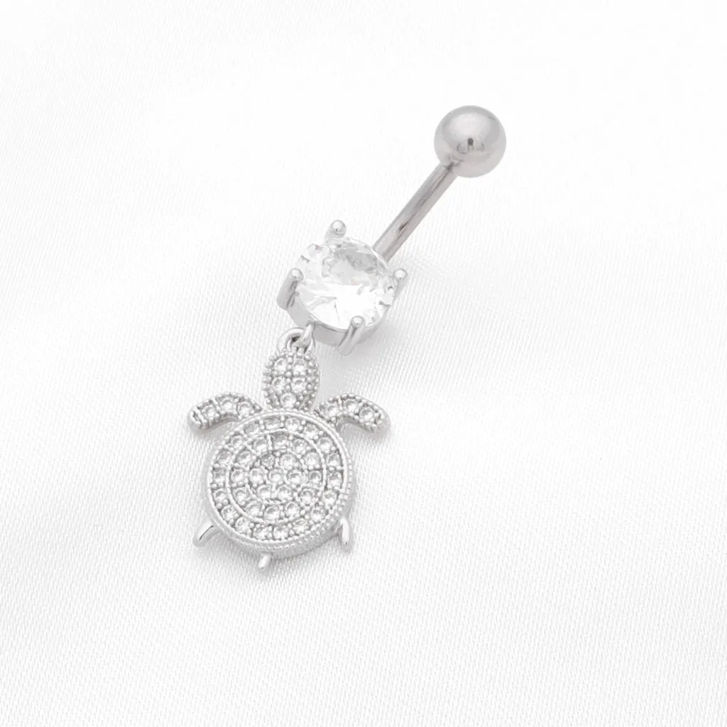 Sea Turtle Dangle Belly Button Navel Ring - Silver