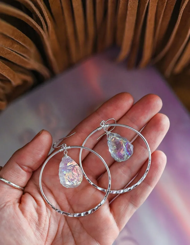 She Brings The Joy Aura Quartz Silver Hoop Earrings