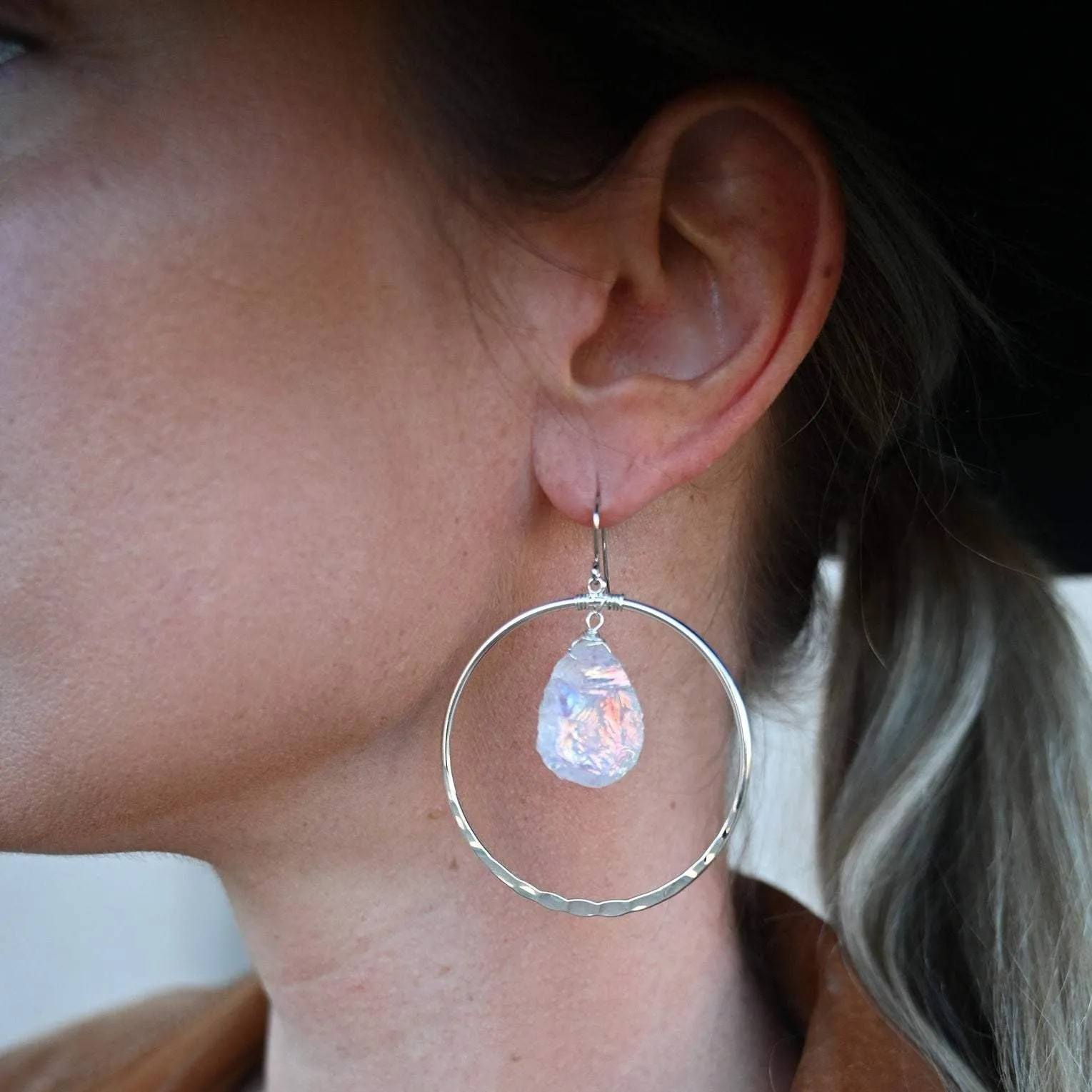 She Brings The Joy Aura Quartz Silver Hoop Earrings