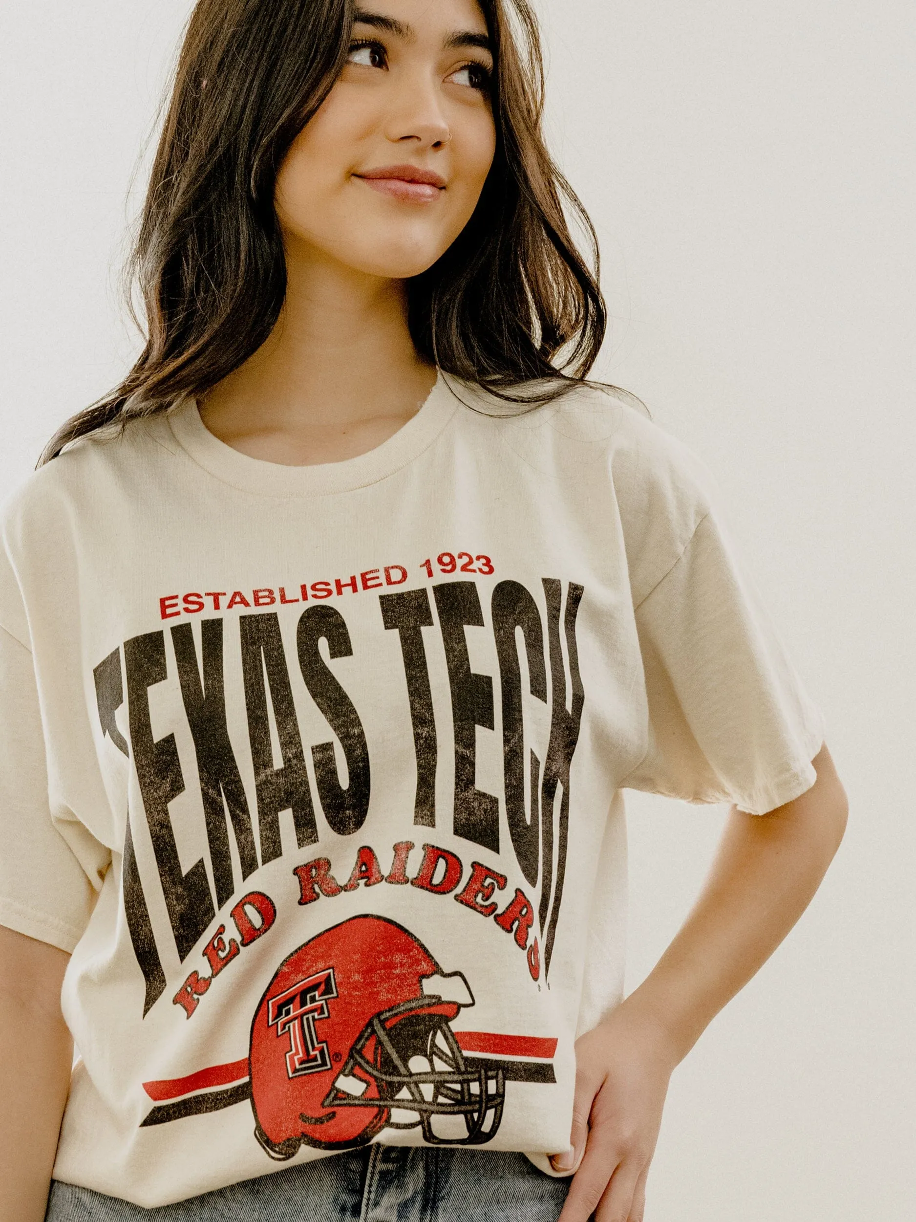 Texas Tech Established Date Helmet Off White Thrifted Tee