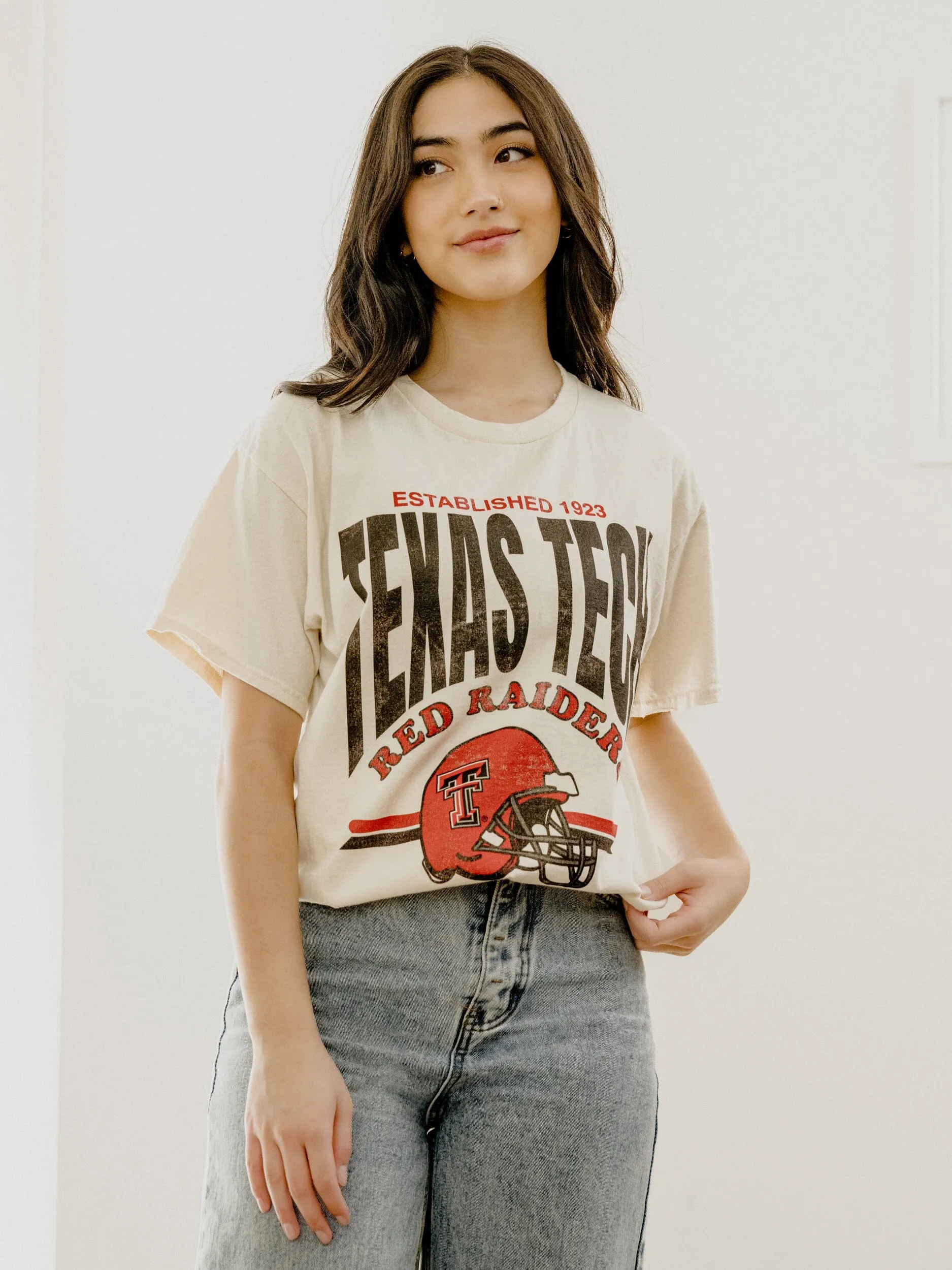 Texas Tech Established Date Helmet Off White Thrifted Tee