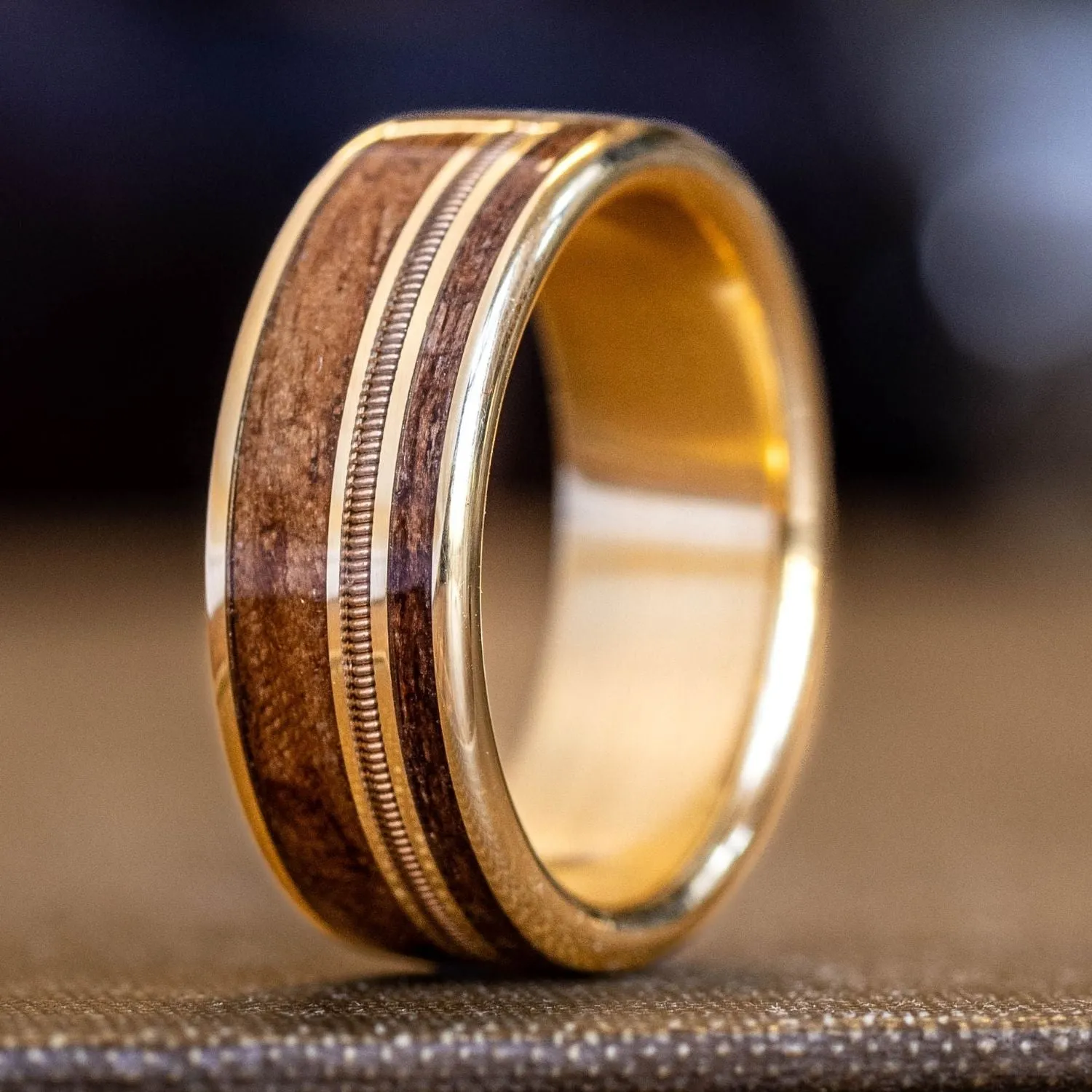 The Waylon | Men's Gold Wedding Band with Guitar String & 1903 Springfield Rifle Stock Wood