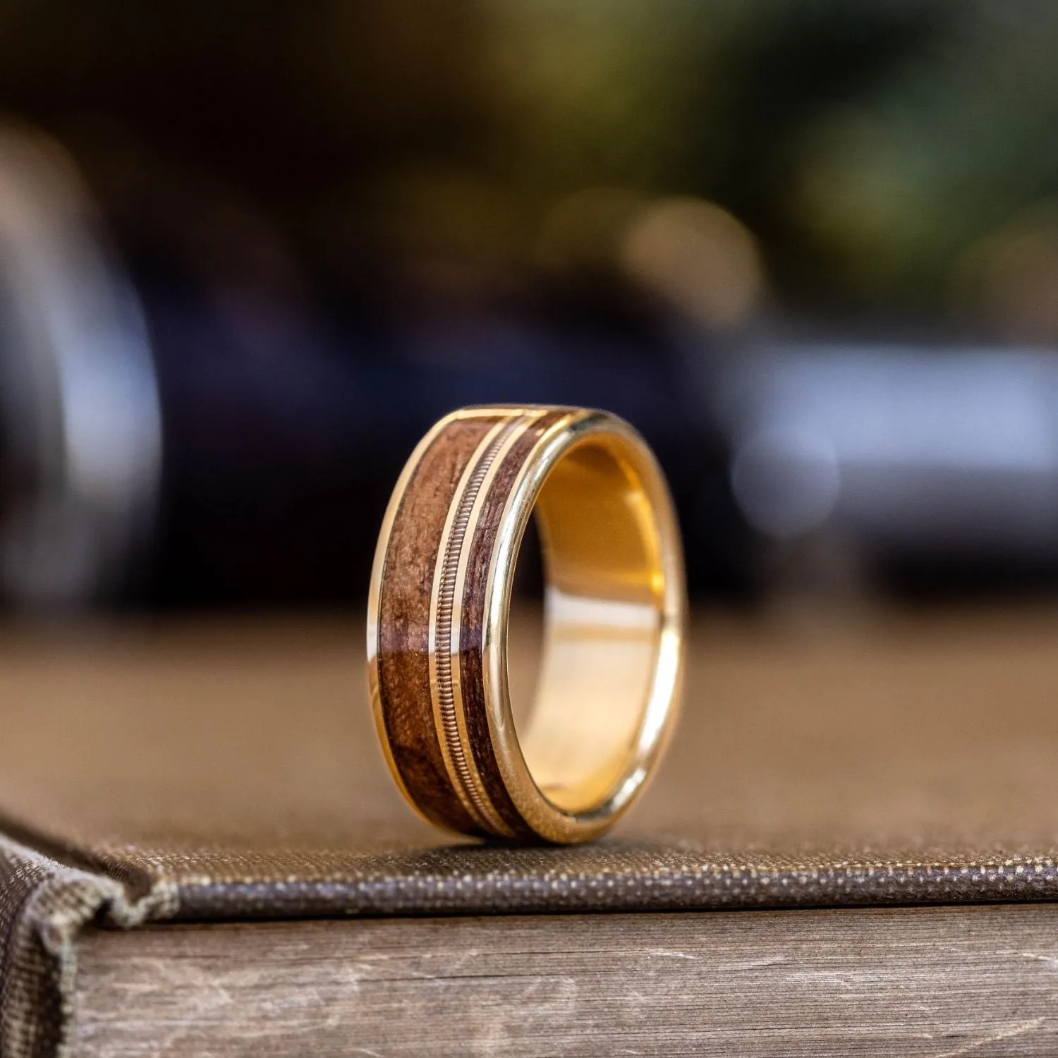 The Waylon | Men's Gold Wedding Band with Guitar String & 1903 Springfield Rifle Stock Wood