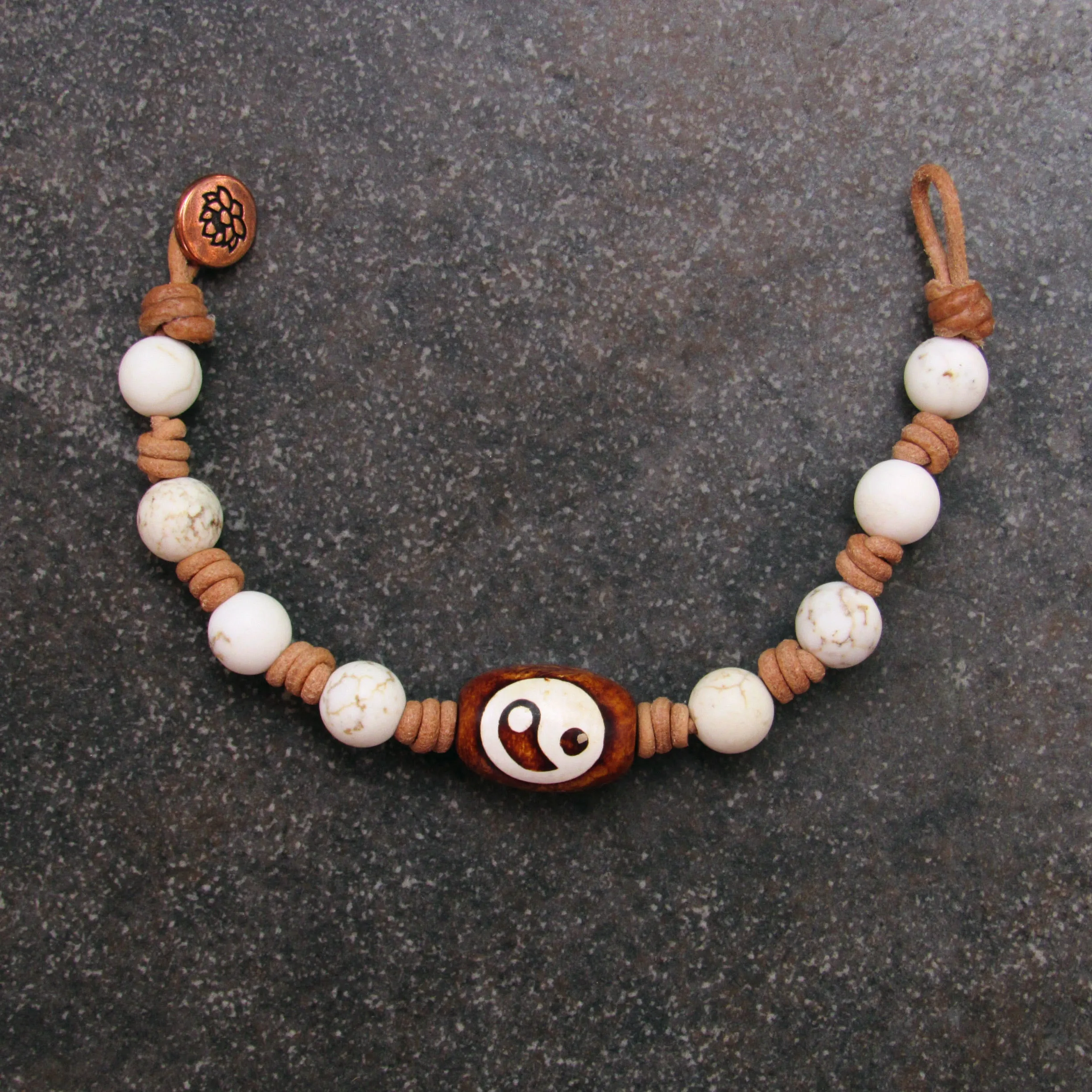 Tibetan Agate Gemstone Yin Yang with White Turquoise on natural Leather