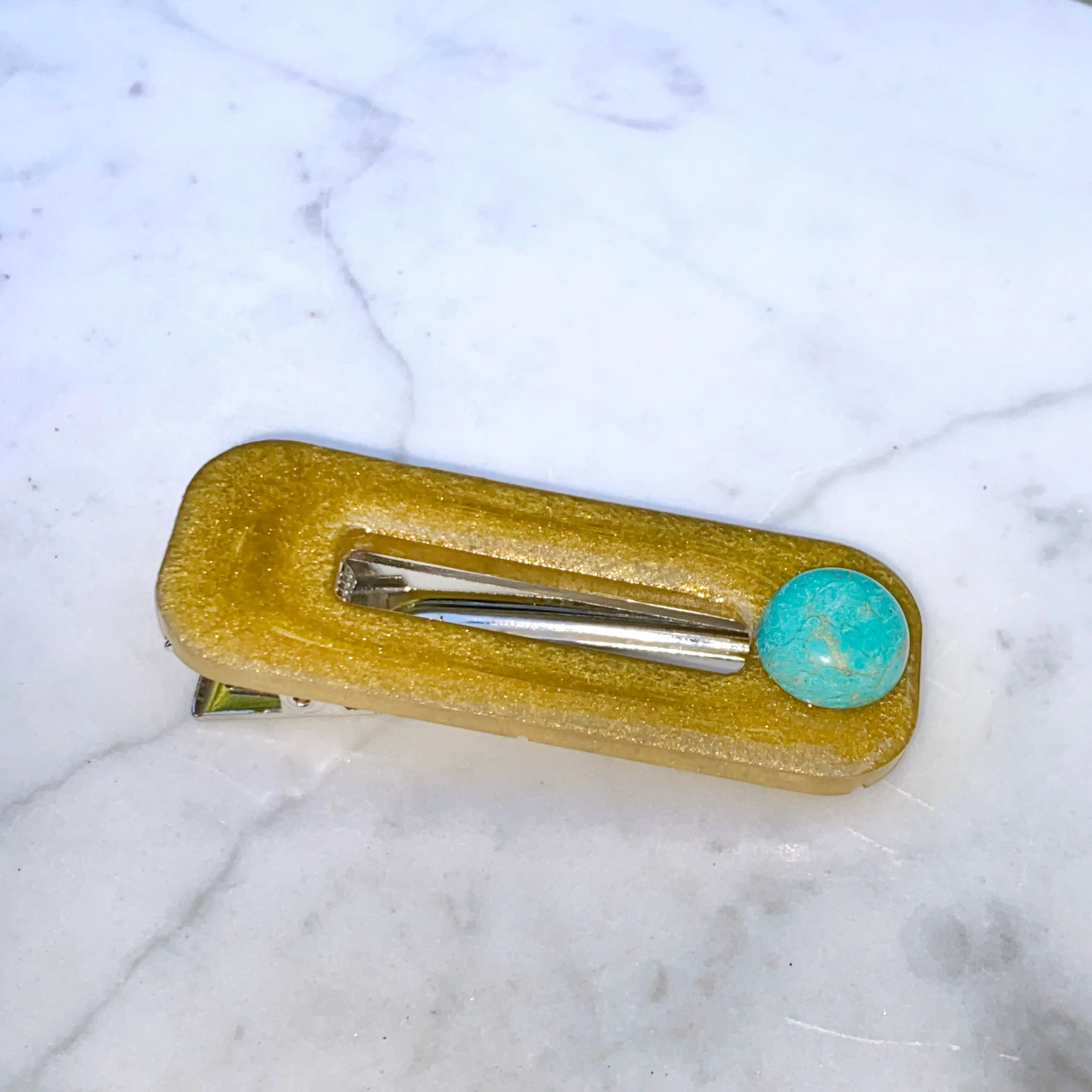 Turquoise gemstone and poured resin Hair Clip