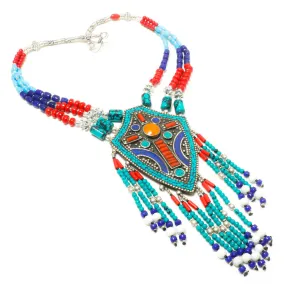 Turquoise Lapis Lazuli Nepali Long Statement Artisan Necklace